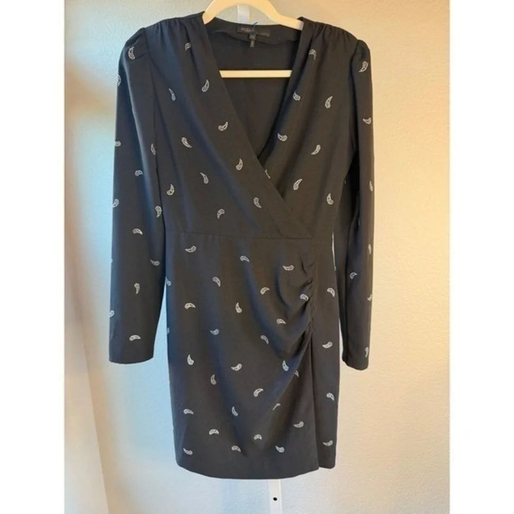 Maje Black Rhinestone Paisley Wrap Mini Dress Long Sleeve V-Neck Size 36 US 4 - Picture 2 of 7